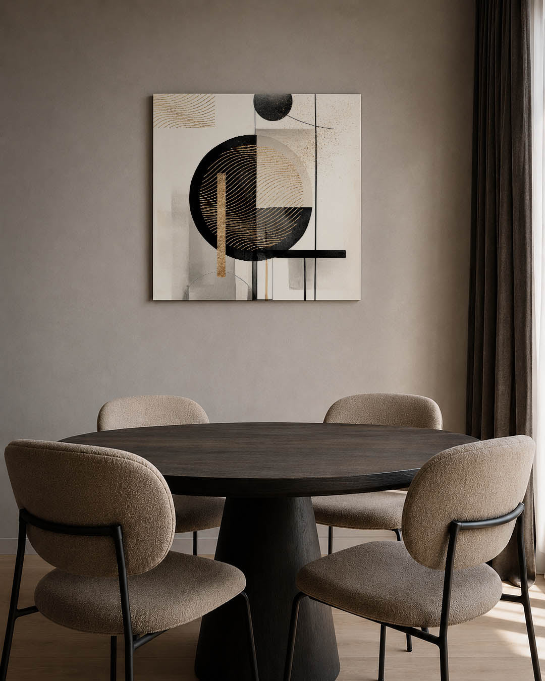 Geometrische lijnen compositie kunstwerk – tweede productweergave – dit werk toont een dynamische compositie van cirkels en