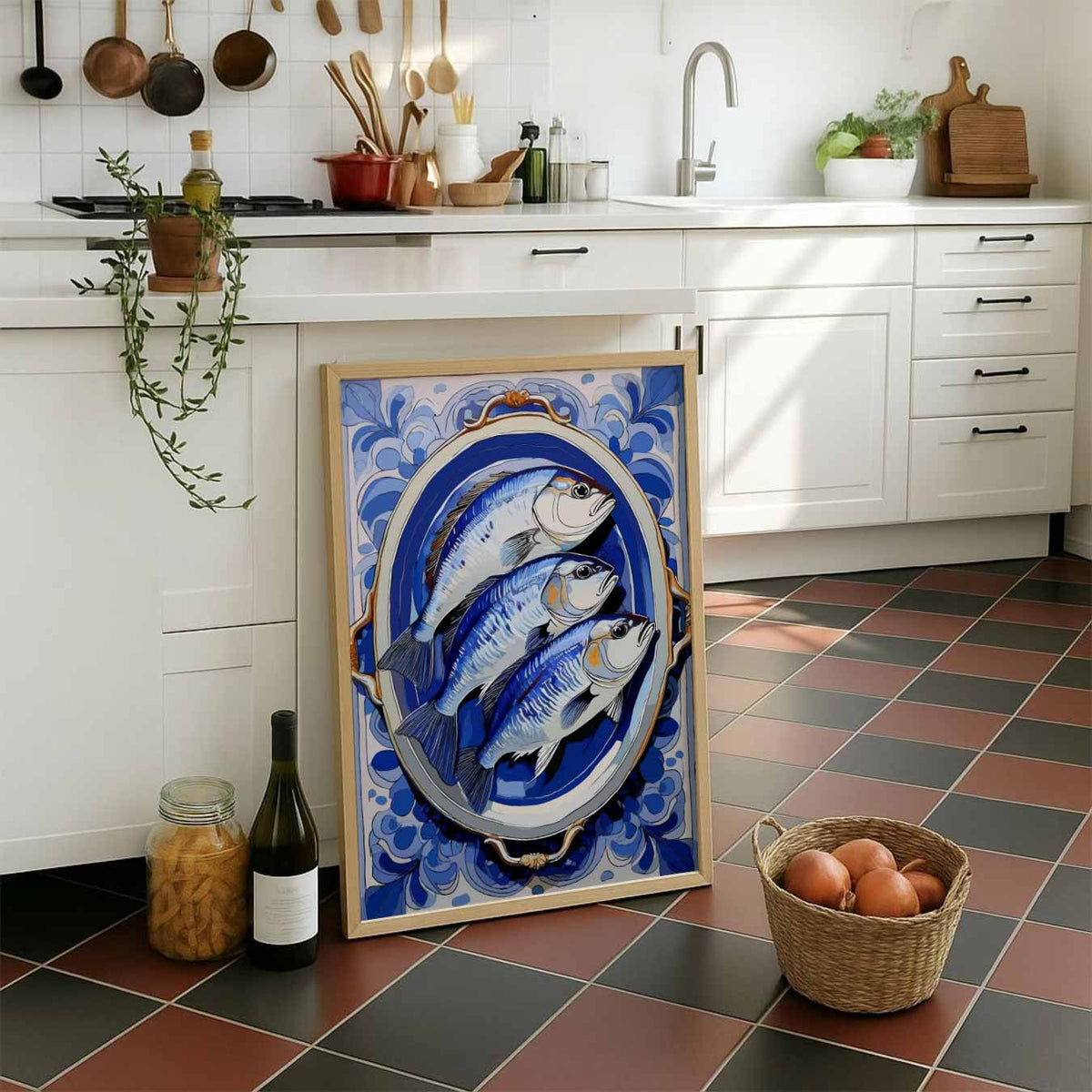 Stijlvolle Blauwe Visprint – staande muurposter voor keuken of eethoek