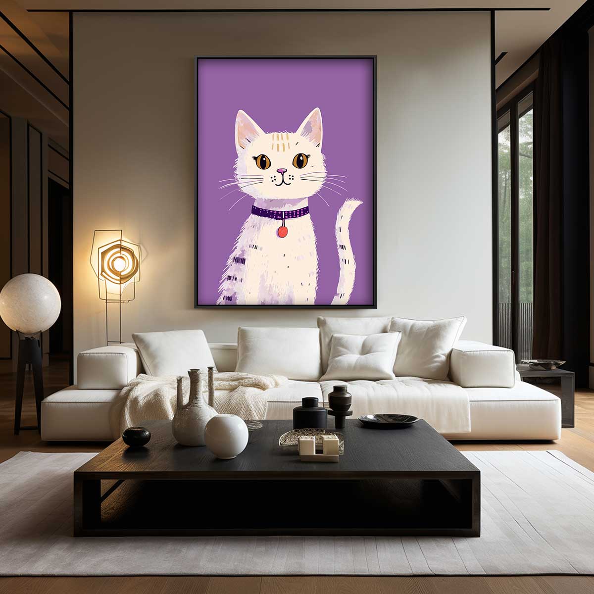 Speelse Kat op Paarse Achtergrond – canvas wanddecoratie in portret formaat