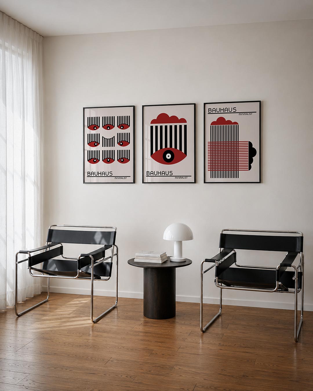 Oogpatroon en lijnen driedelige posterset – deze posterset in drie delen toont een ritmisch spel van zwarte lijnen en rode