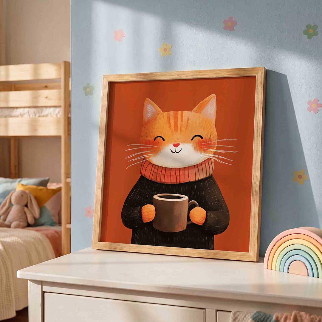 Kat met mok – speelse wandkunst als vierkante kinderposter