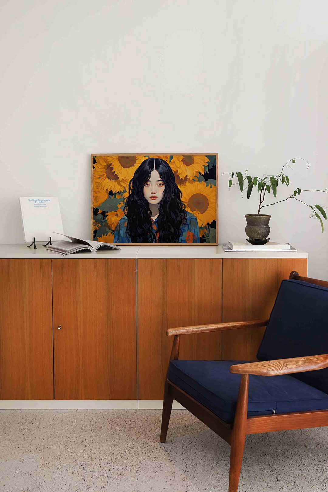 Vrouw met zonnebloemen – moderne landscape wanddecoratie van WallArtistic