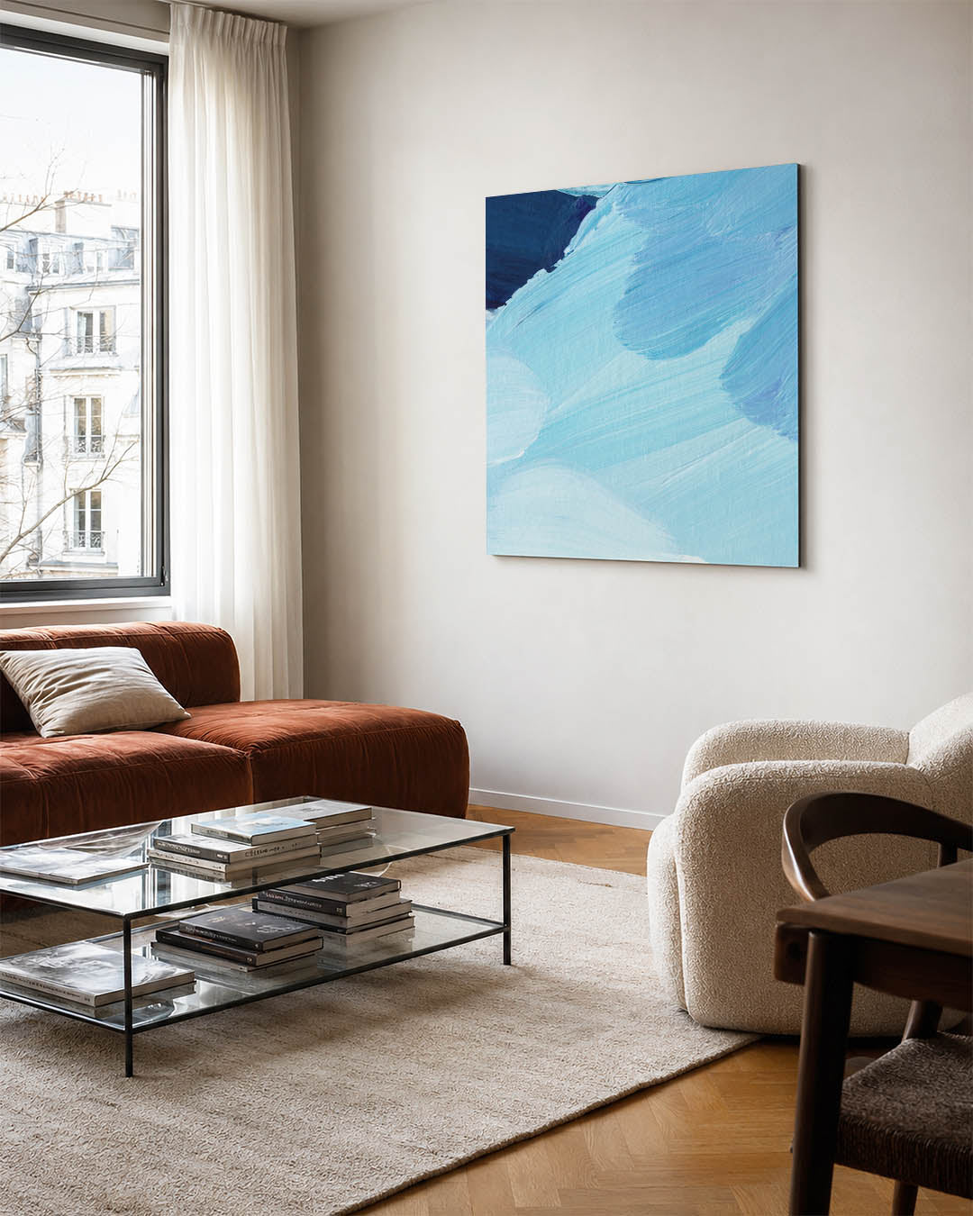 Dynamische blauwe vormen kunstwerk – vierkante wanddecoratie – dit werk toont vloeiende penseelstreken in verschillende