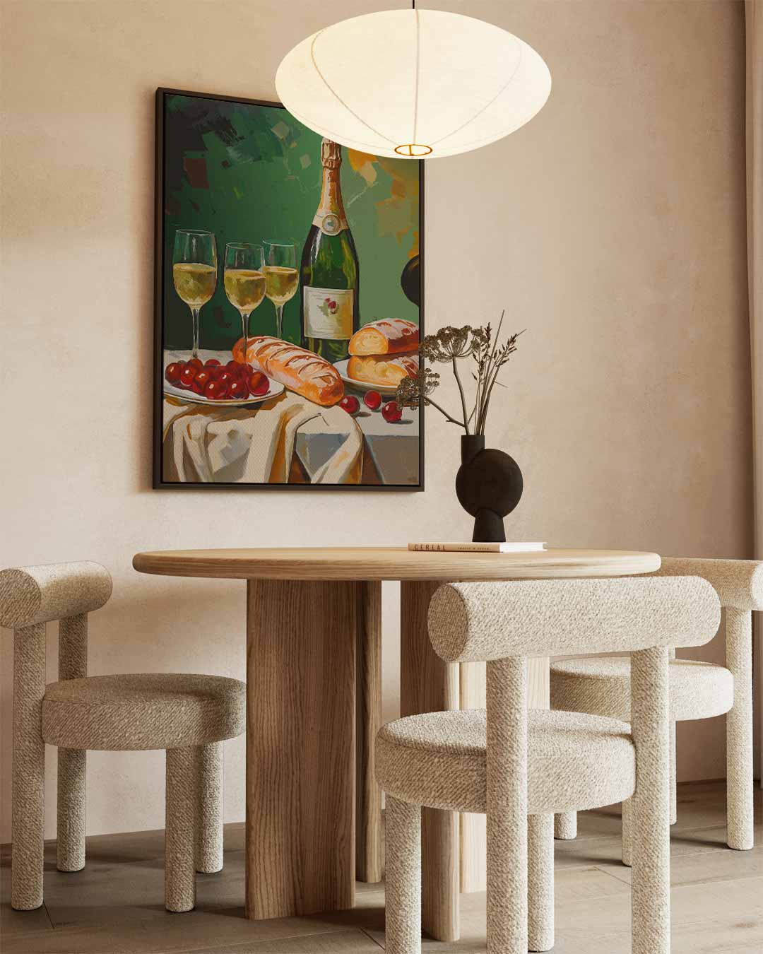 Luxe Stilleven met Champagne en Brood – canvas wanddecoratie in portret formaat