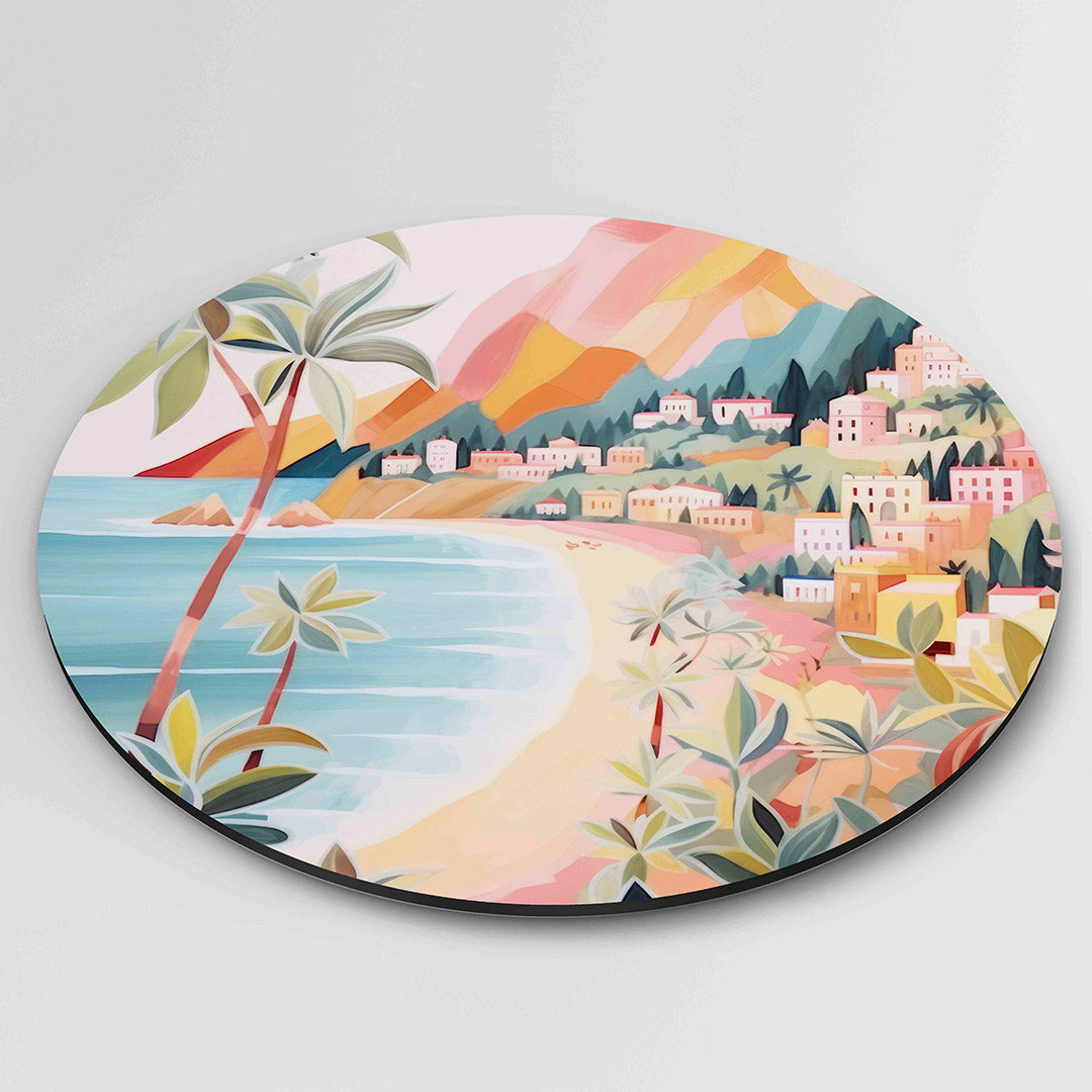 Kustlandschap met palmbomen – ronde wanddecoratie met abstract ontwerp