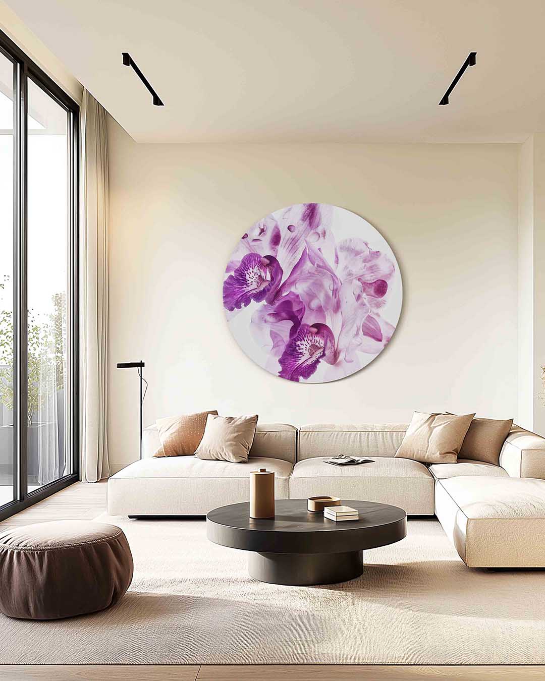 Paarse orchideeën – kleurrijke illustratie muurcirkel als wanddecoratie