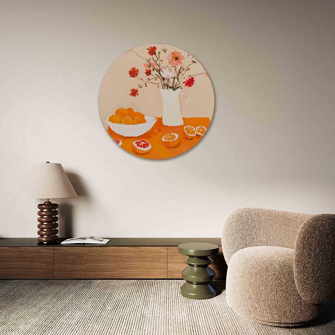 Bloemen en fruit – abstracte muurcirkel als ronde wanddecoratie