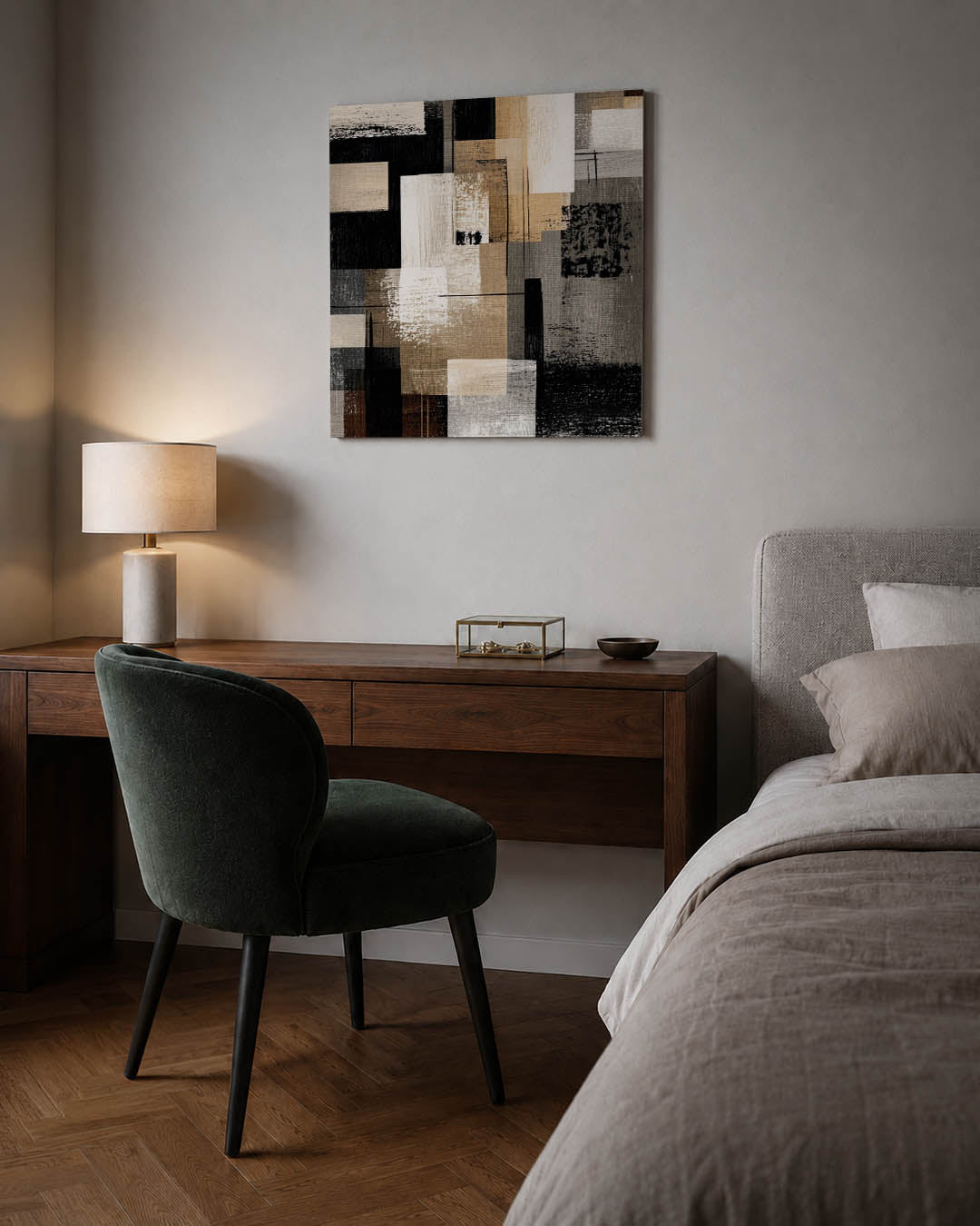 Geometrische compositie kunstwerk – sfeerbeeld – dit werk toont een dynamische mix van rechthoeken en lijnen in beige, zwart