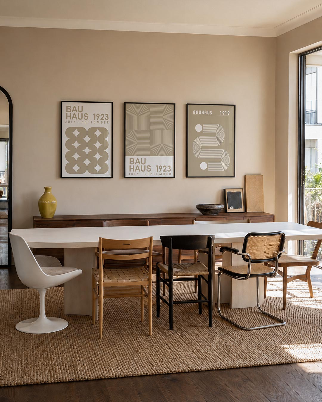 Vorm en ritme posterset – tweede productweergave – deze posterset in drie delen toont een spel van herhalende beige vormen op