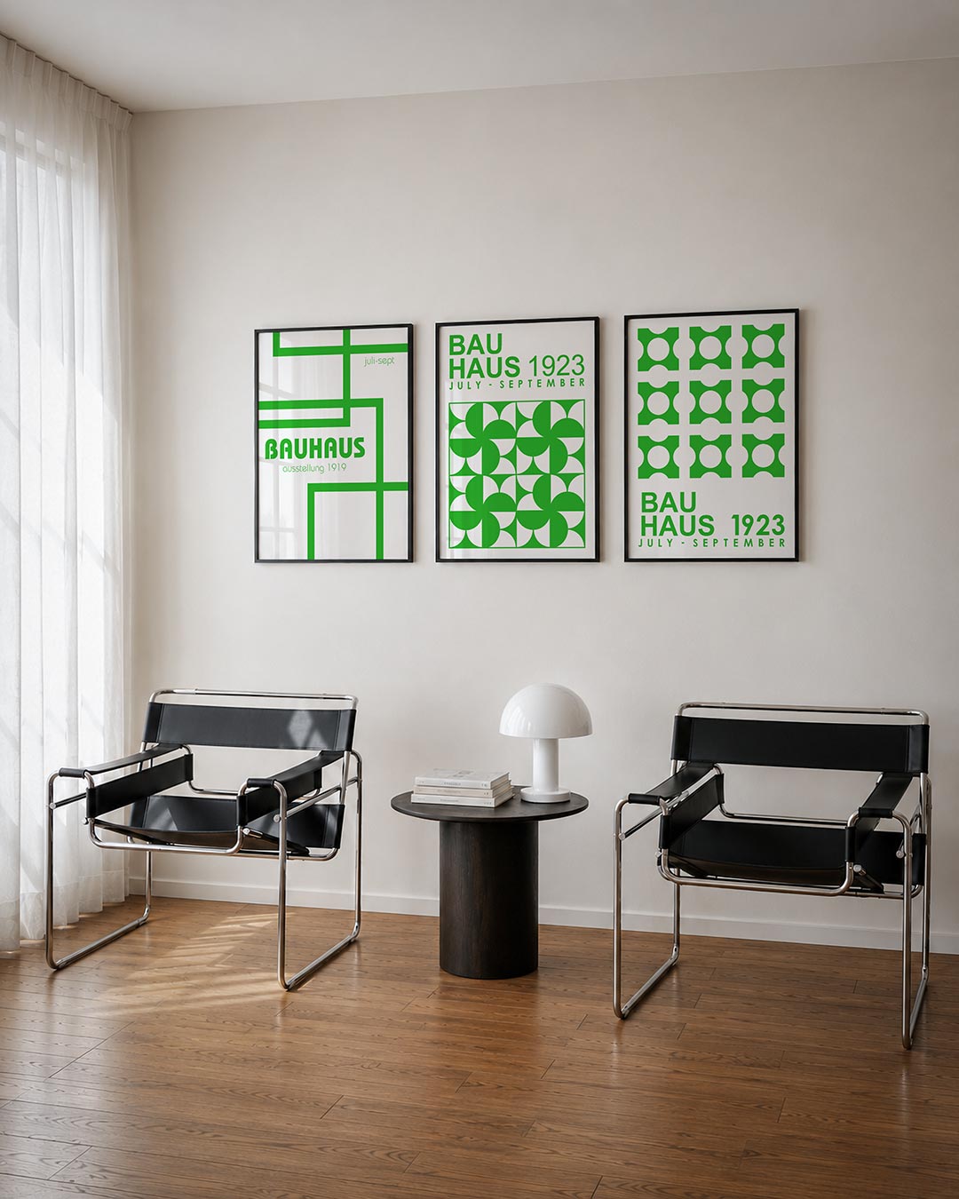 Groene lijnenspel posterset – tweede productweergave – deze posterset in drie delen toont een speels lijnenspel van groene