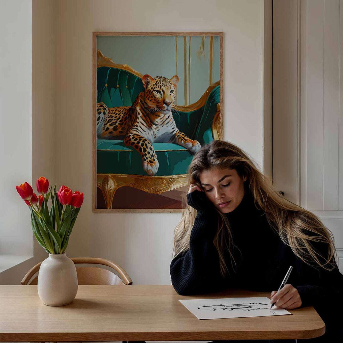 Luipaard op Luxueuze Bank – staande dieren wanddecoratie van WallArtistic