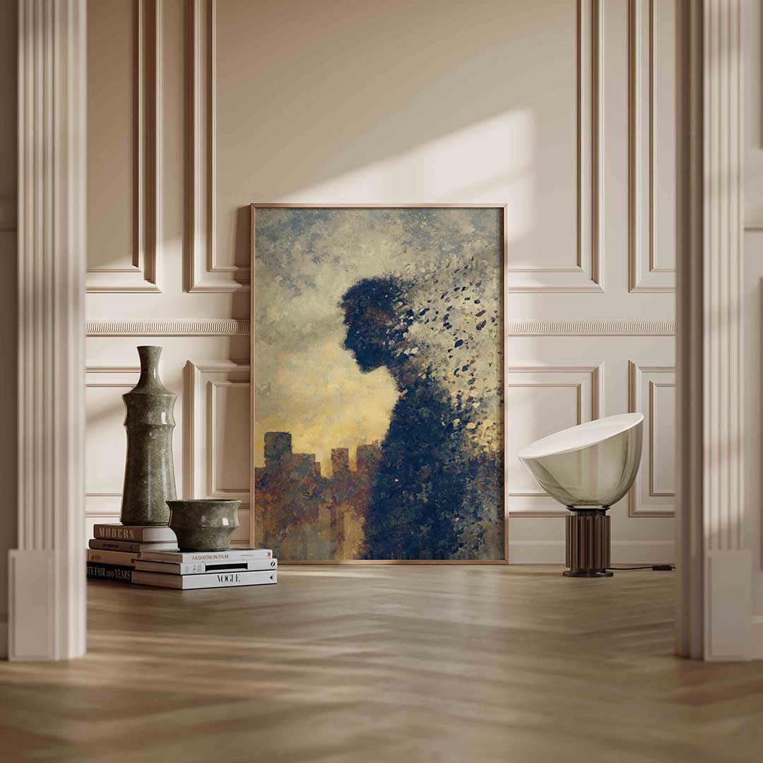 Silhouet met stad – staande abstracte wanddecoratie van WallArtistic