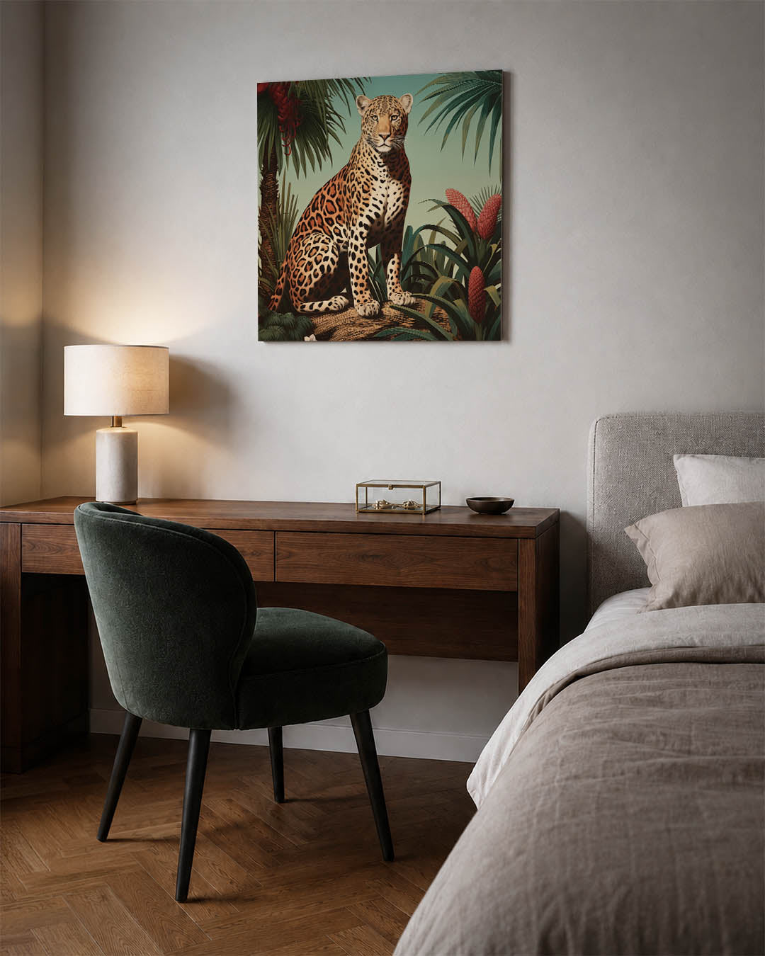 Tropische dierenwereld kunstwerk – materiaalweergave – dit kunstwerk toont een majestueuze luipaard te midden van weelderige
