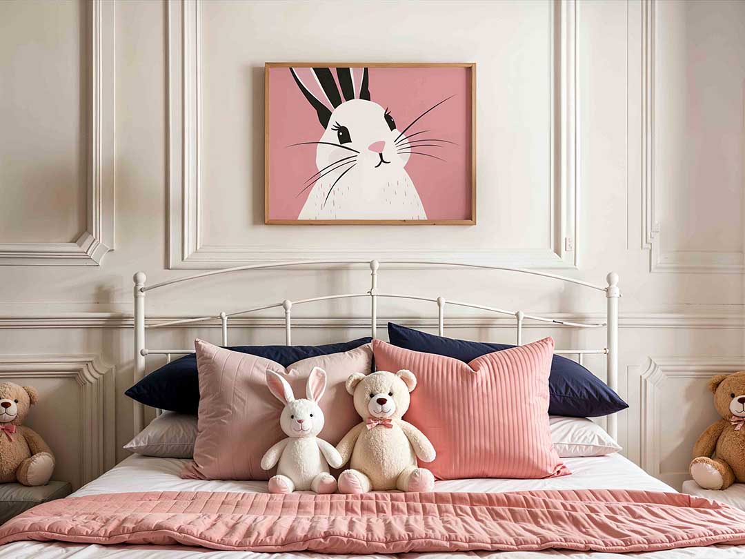 Konijn met roze achtergrond – kids poster in liggend formaat