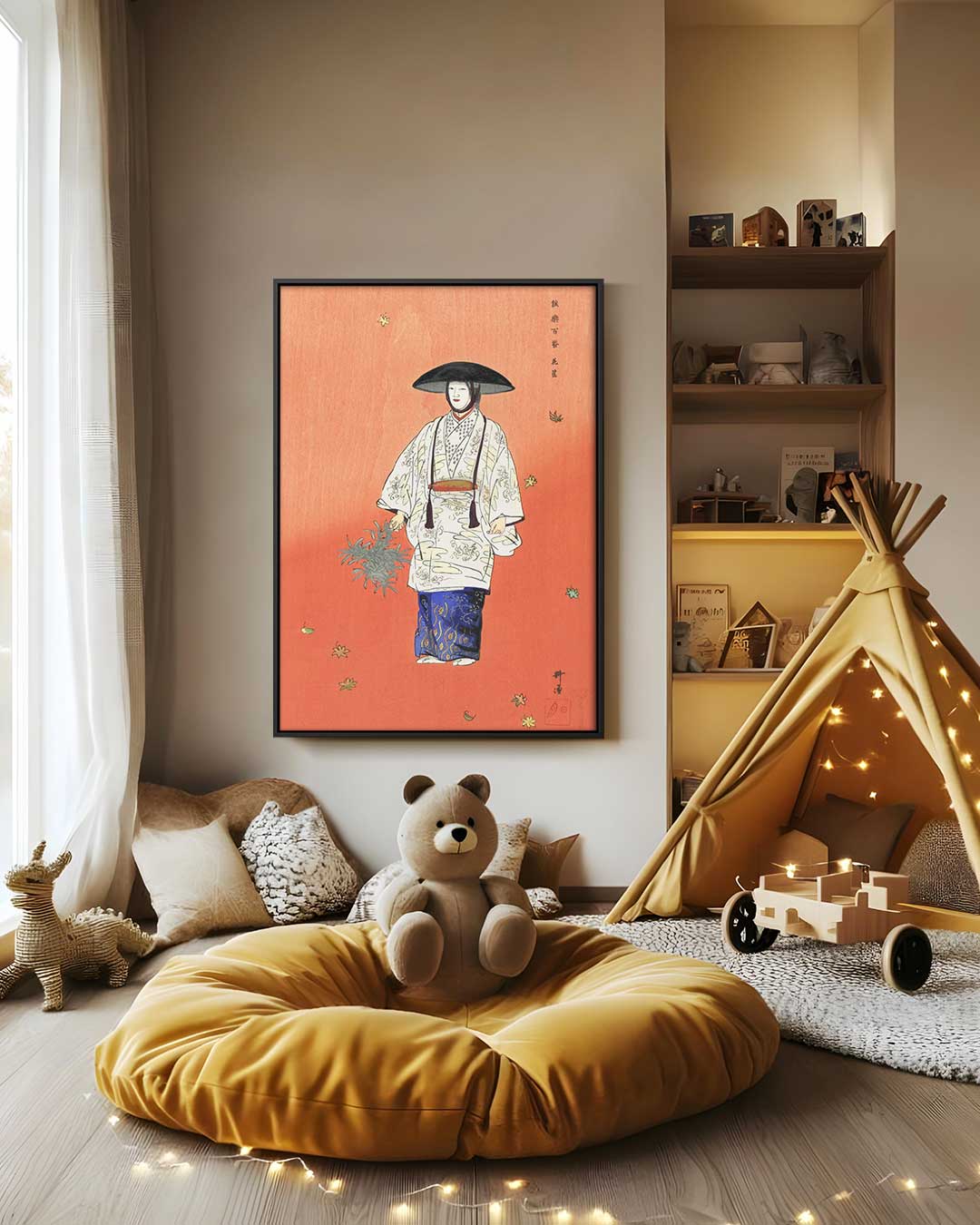 Japans Tekenwerk in Herfsttinten – staand kunstwerk voor modern interieur