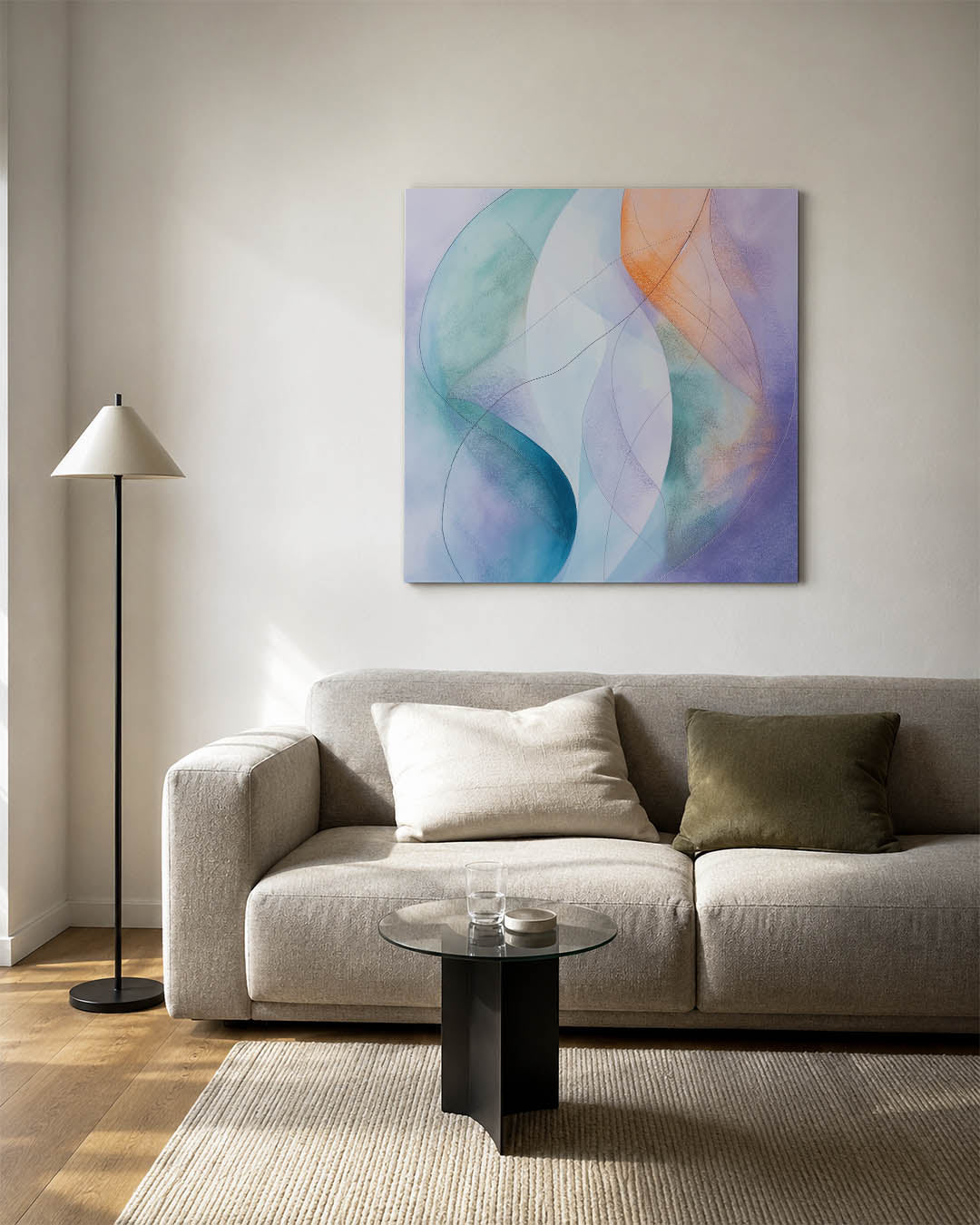 Vloeiende kleuren kunstwerk – vierkante wanddecoratie – dit kunstwerk toont vloeiende lijnen en zachte overgangen tussen