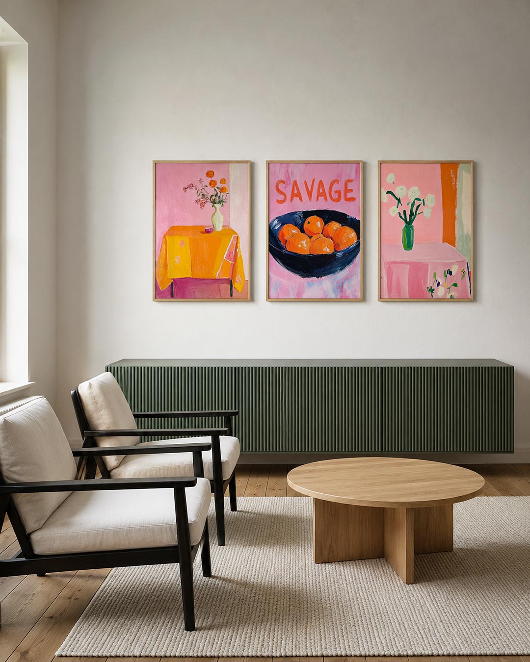 Kleurrijke bloemtafel posterset – tweede productweergave – een levendige compositie met een roze achtergrond, een