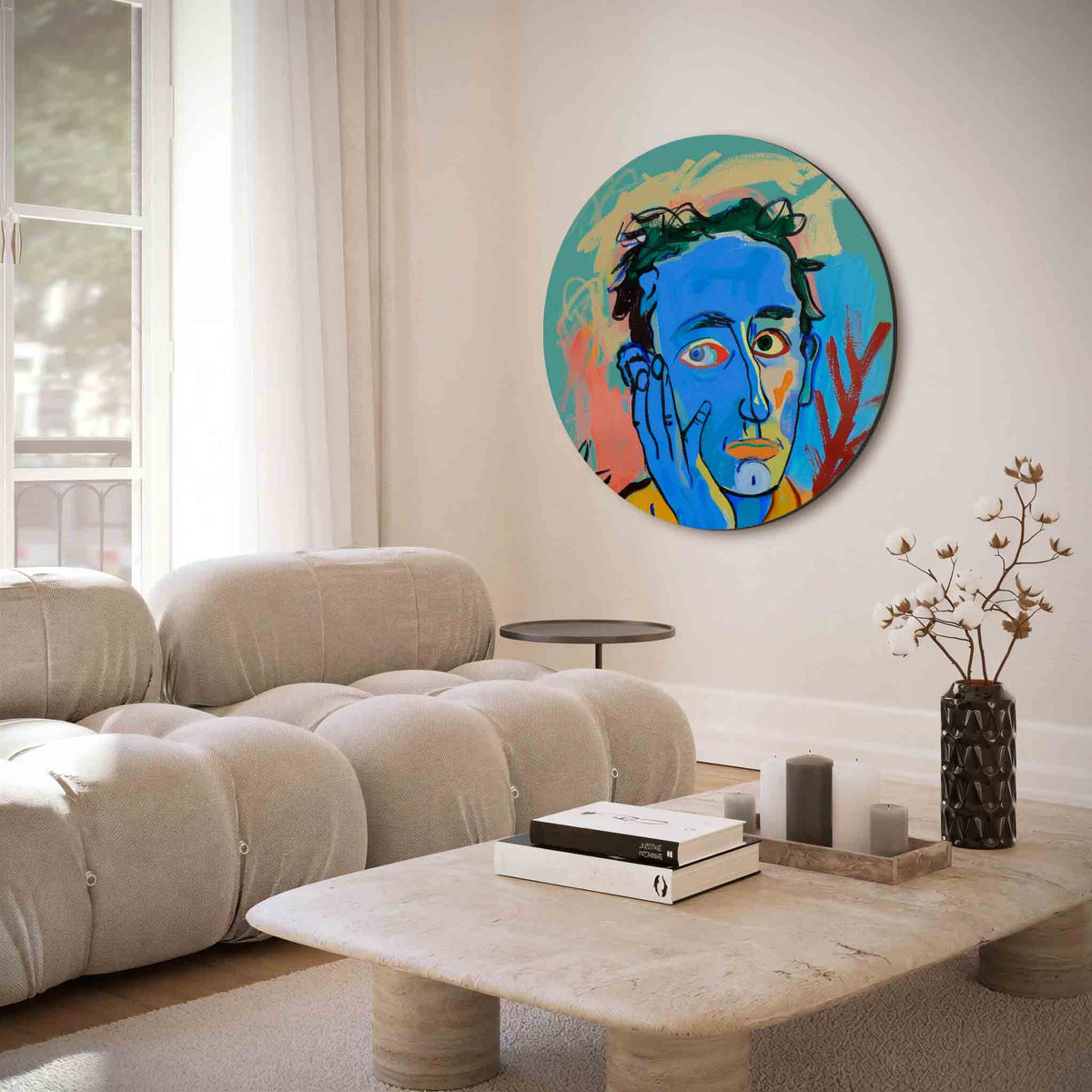 Blauw gezicht – muurcirkel met abstracte texturen voor aan de muur
