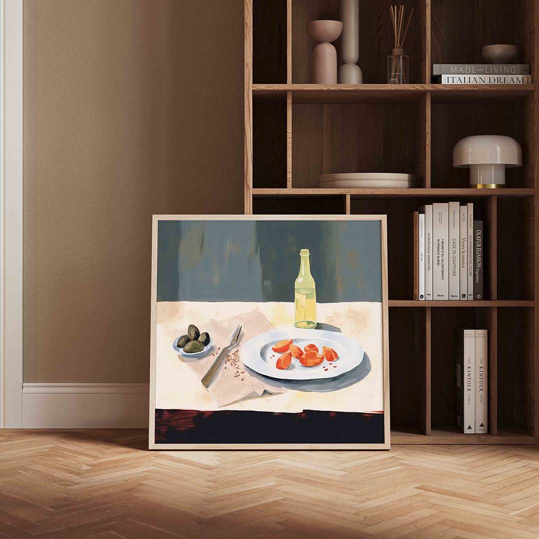 Stilleven met fles en fruit – vierkante wanddecoratie met kleur en vorm van WallArtistic