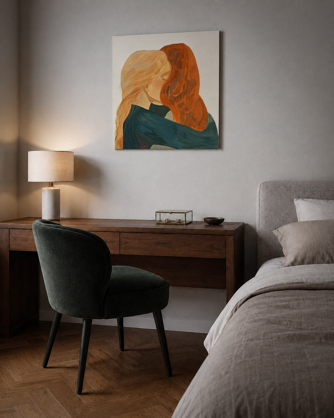 Intieme omhelzing kunstwerk – sfeerbeeld – dit kunstwerk toont een warme omhelzing tussen twee figuren met vloeiende lijnen