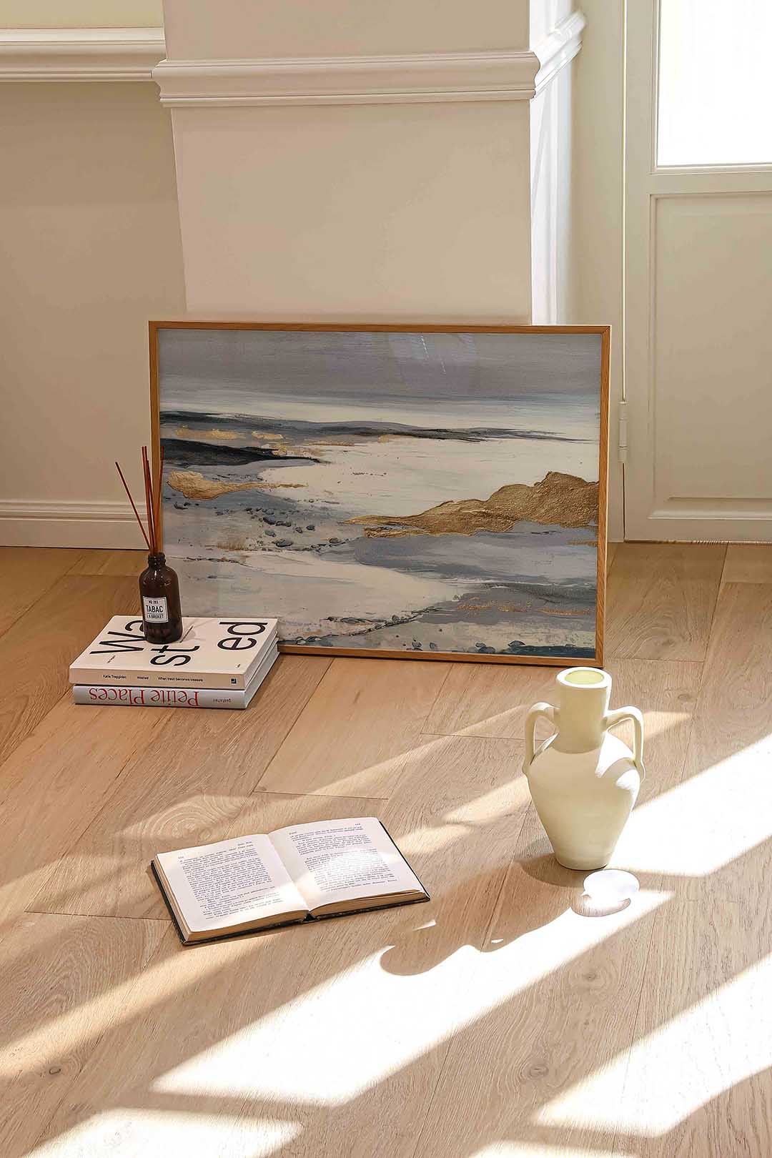 Gouden en grijze landschapsweergave – liggende abstracte wanddecoratie van WallArtistic