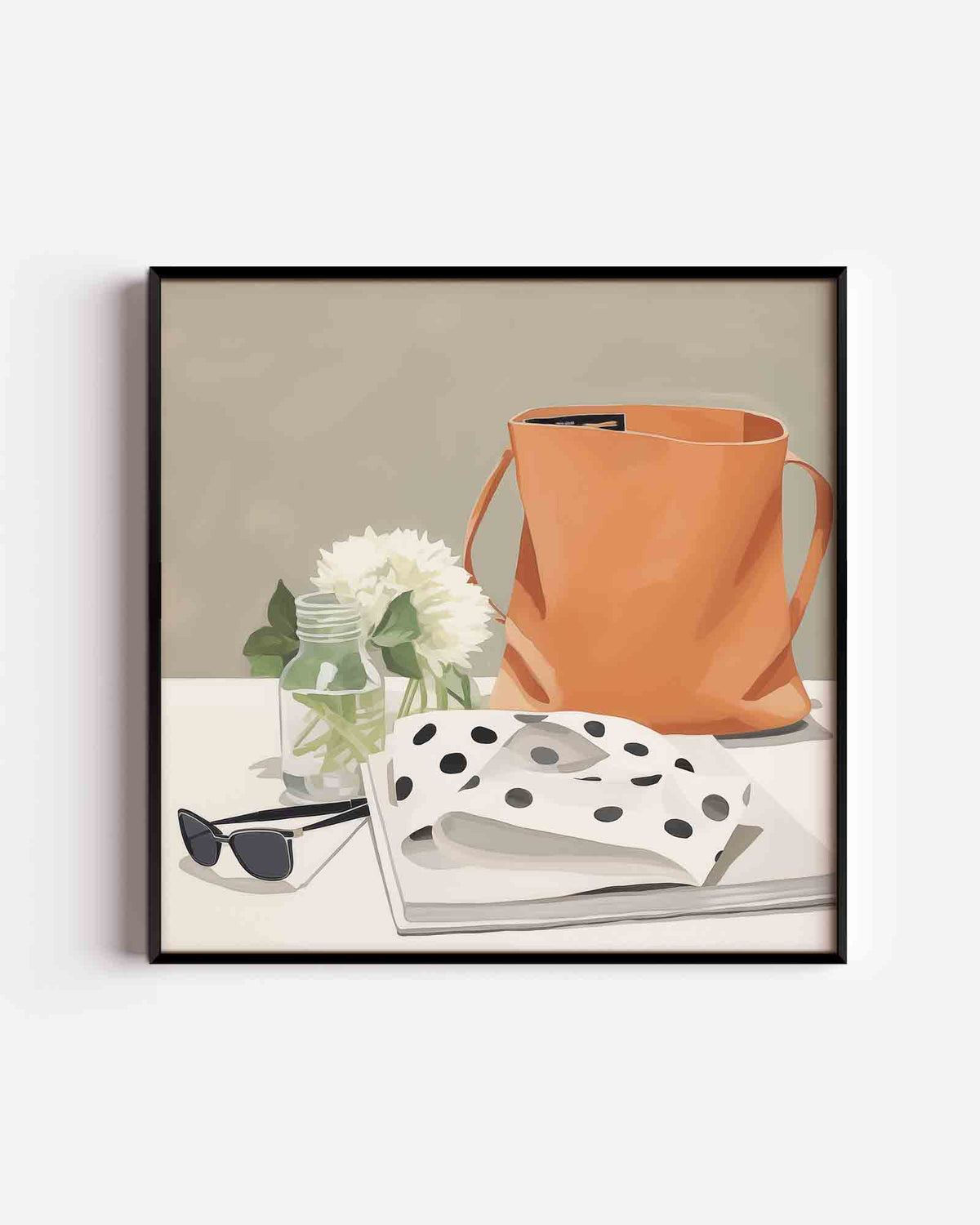 Oranje tas en bloemen – vierkante poster met kleur en vormen als wanddecoratie