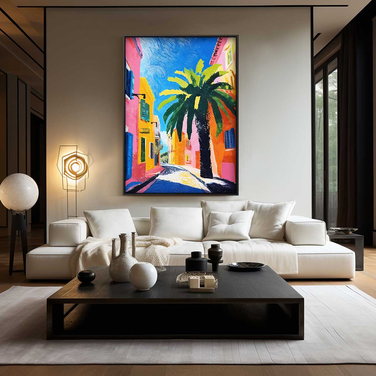 Zomerse Straat met Palmboom – modern portret kunstwerk van WallArtistic