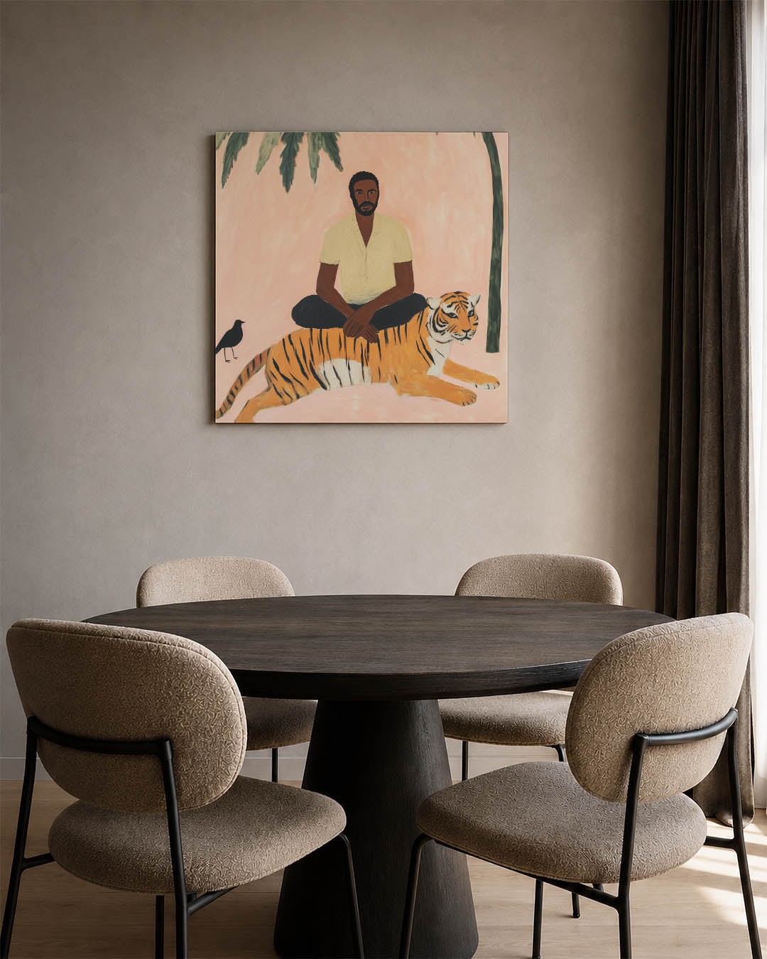 Dromerige scene kunstwerk – derde productweergave – dit werk toont een serene compositie met een man en een tijger tegen een