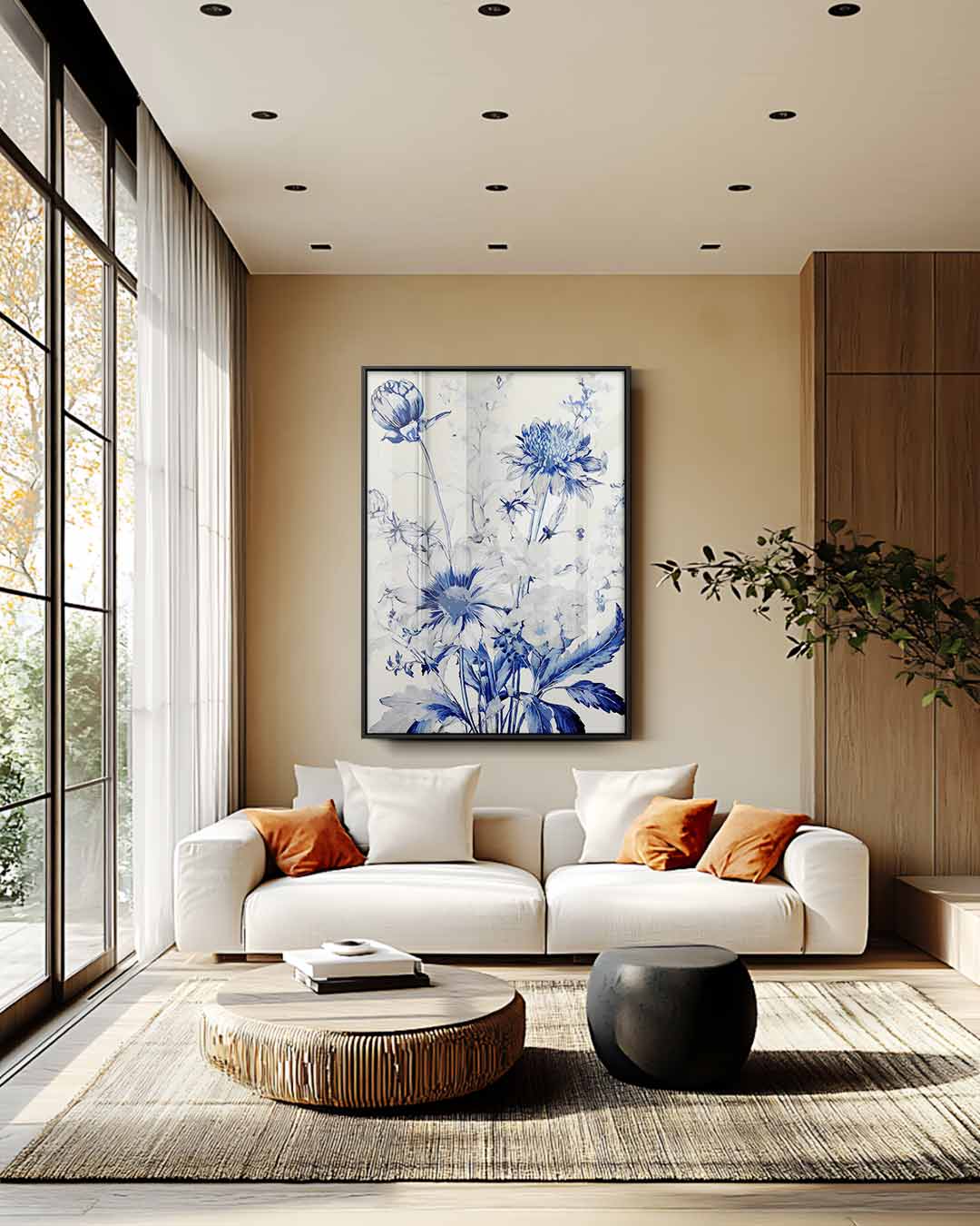 Bloemboeket in Blauw Kunstafdruk – kunstwerk met zwarte baklijst