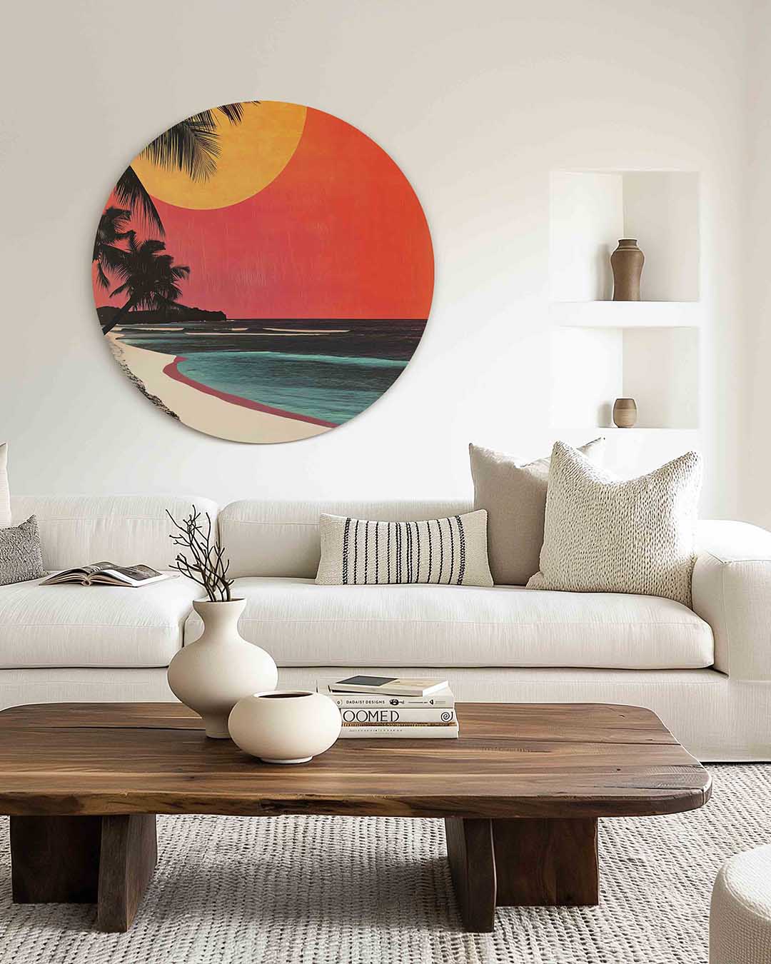 Palmbomen en zonsondergang – illustratie muurcirkel als ronde muurdecoratie