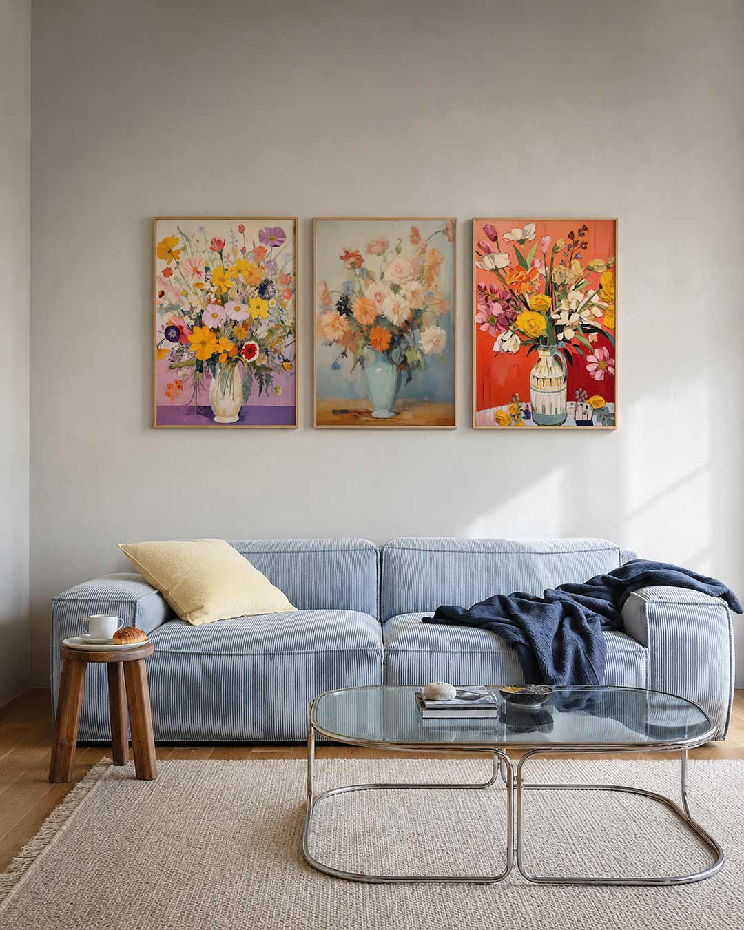 Bloemrijke kleurenpracht posterset – tweede productweergave – deze driedelige postercombinatie toont een levendige