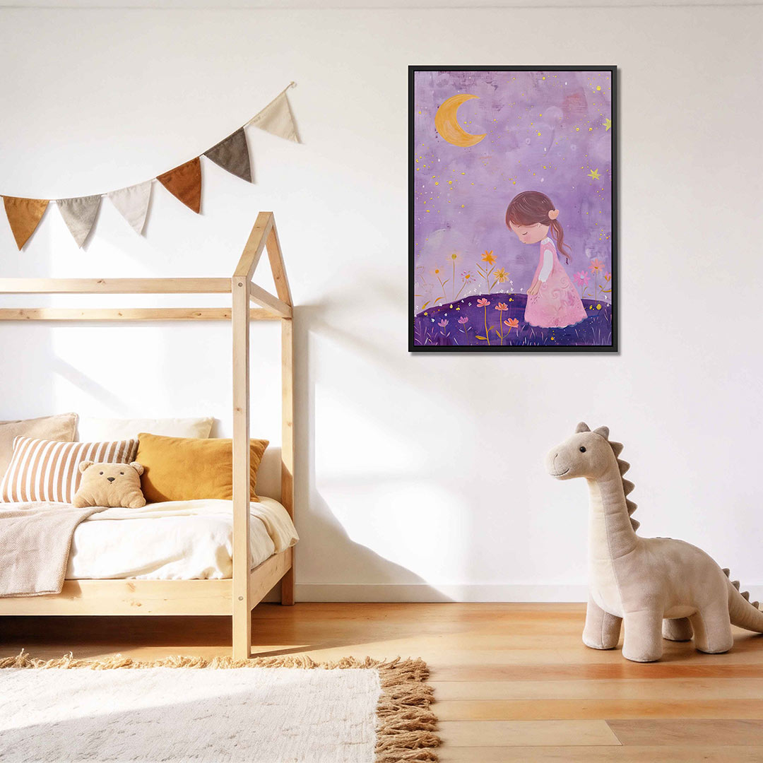 Dromerig meisje en maan – kunstwerk als stijlvolle wanddecoratie