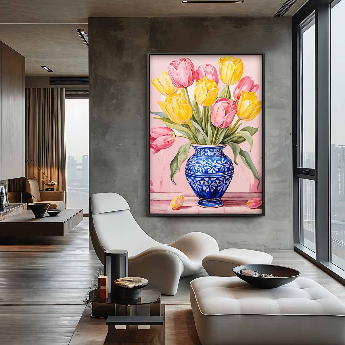 Stralende Tulpen in Blauwe Vaas – canvas kunstwerk als wanddecoratie