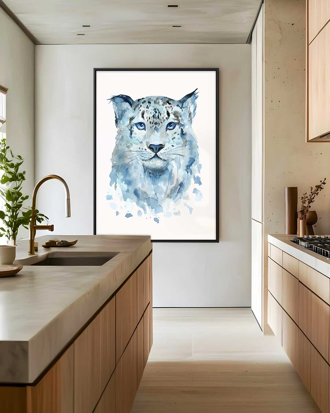 Blauwe Sneeuwluipaard Kunst – staande wandkunst voor woonkamer of interieur