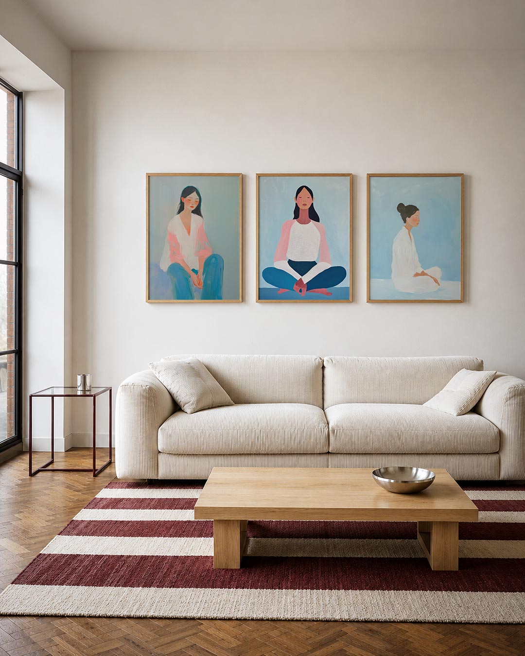 Zachte kleurvlakken driedelige posterset – een serene figuur in zachte tinten