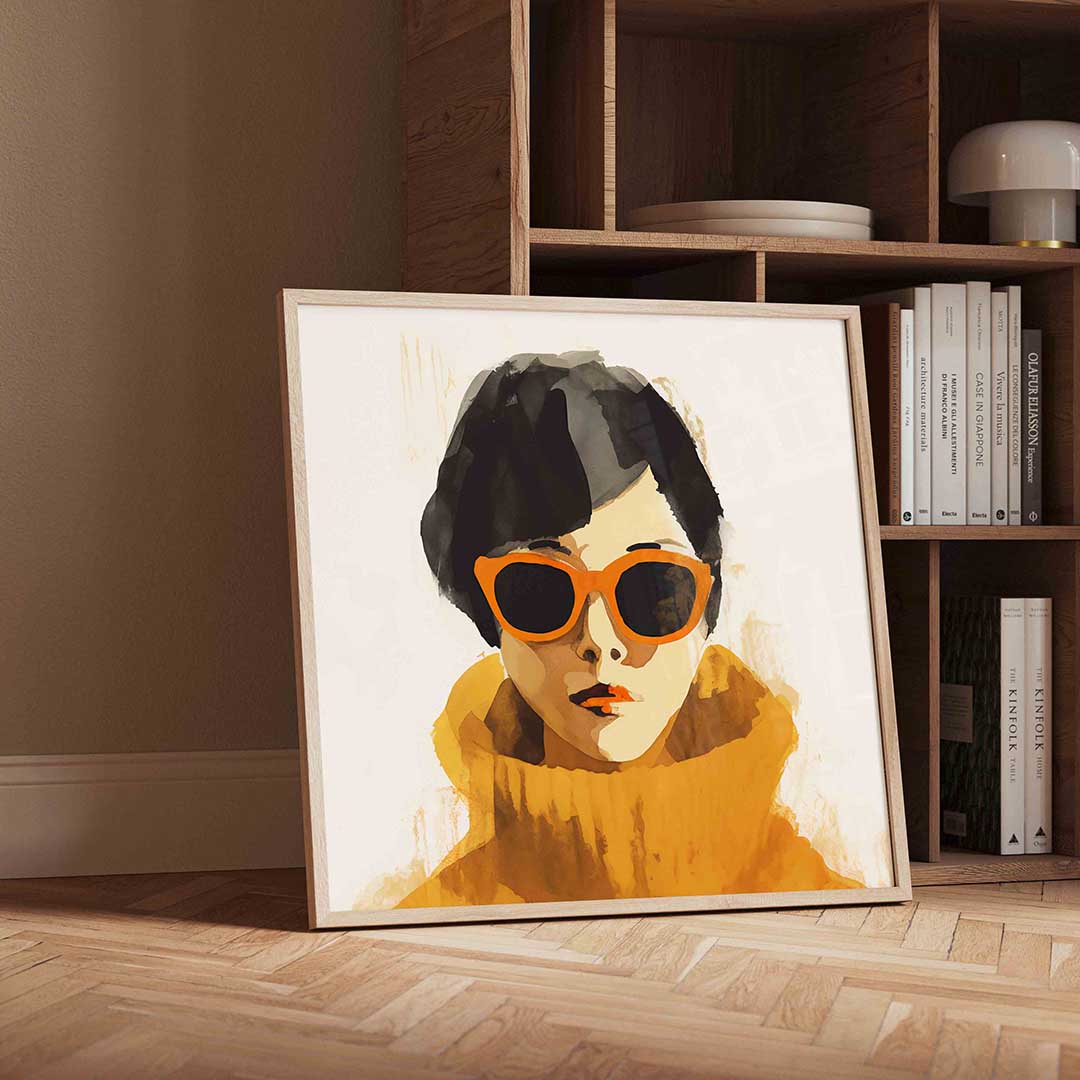 Vrouw met oranje zonnebril – vierkante portret wanddecoratie van WallArtistic