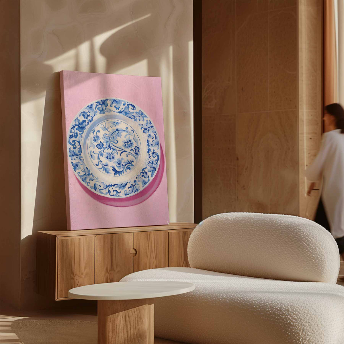 Blauwe Bloemenpracht op Roze – dibond kunstwerk als wanddecoratie