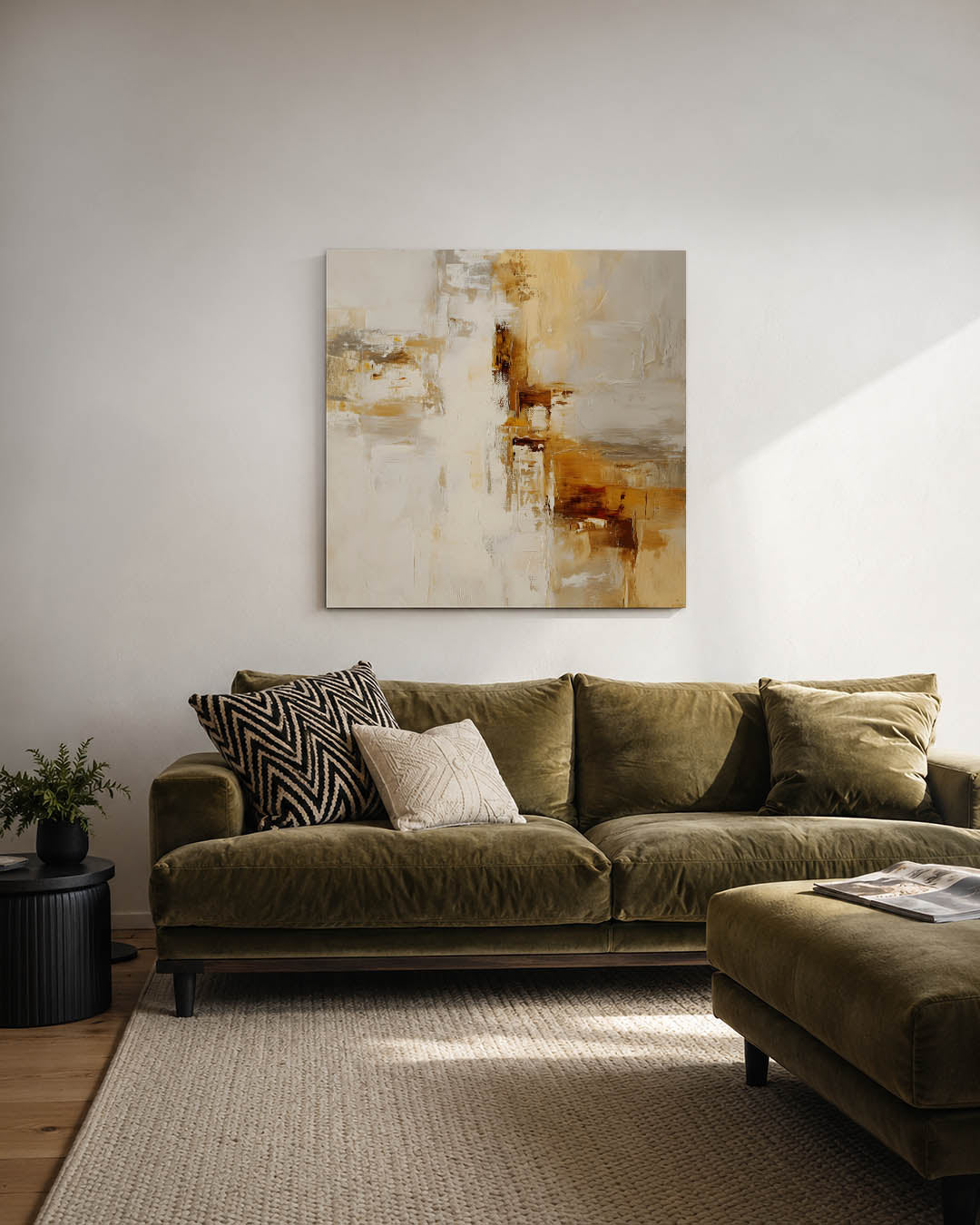 Gelaagde kleurencompositie kunstwerk – derde productweergave – dit werk toont een dynamische mix van beige en bruin met