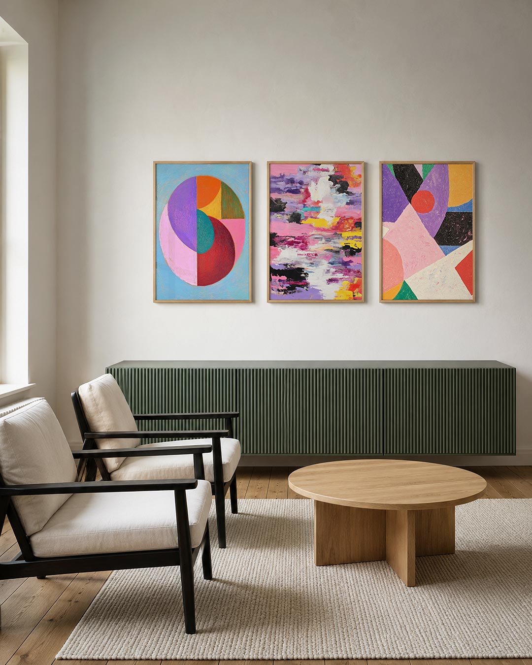 Kleurrijke cirkelcompositie posterset – tweede productweergave – deze posterset in drie delen toont een levendige cirkel met
