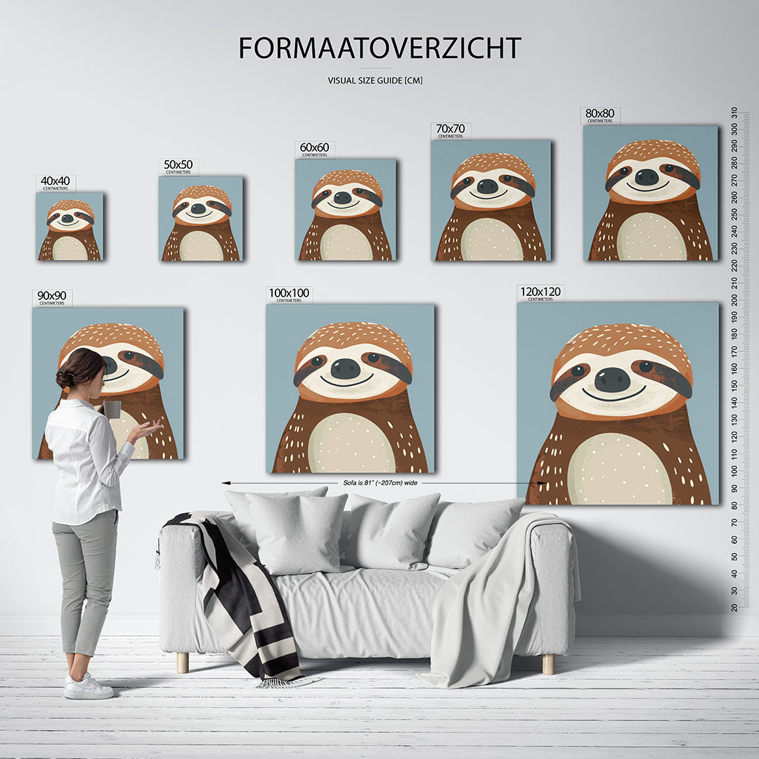 Illustratie van een luiaard kunstwerk – sfeerbeeld – dit beeld toont een glimlachende luiaard met speelse stippen en zachte