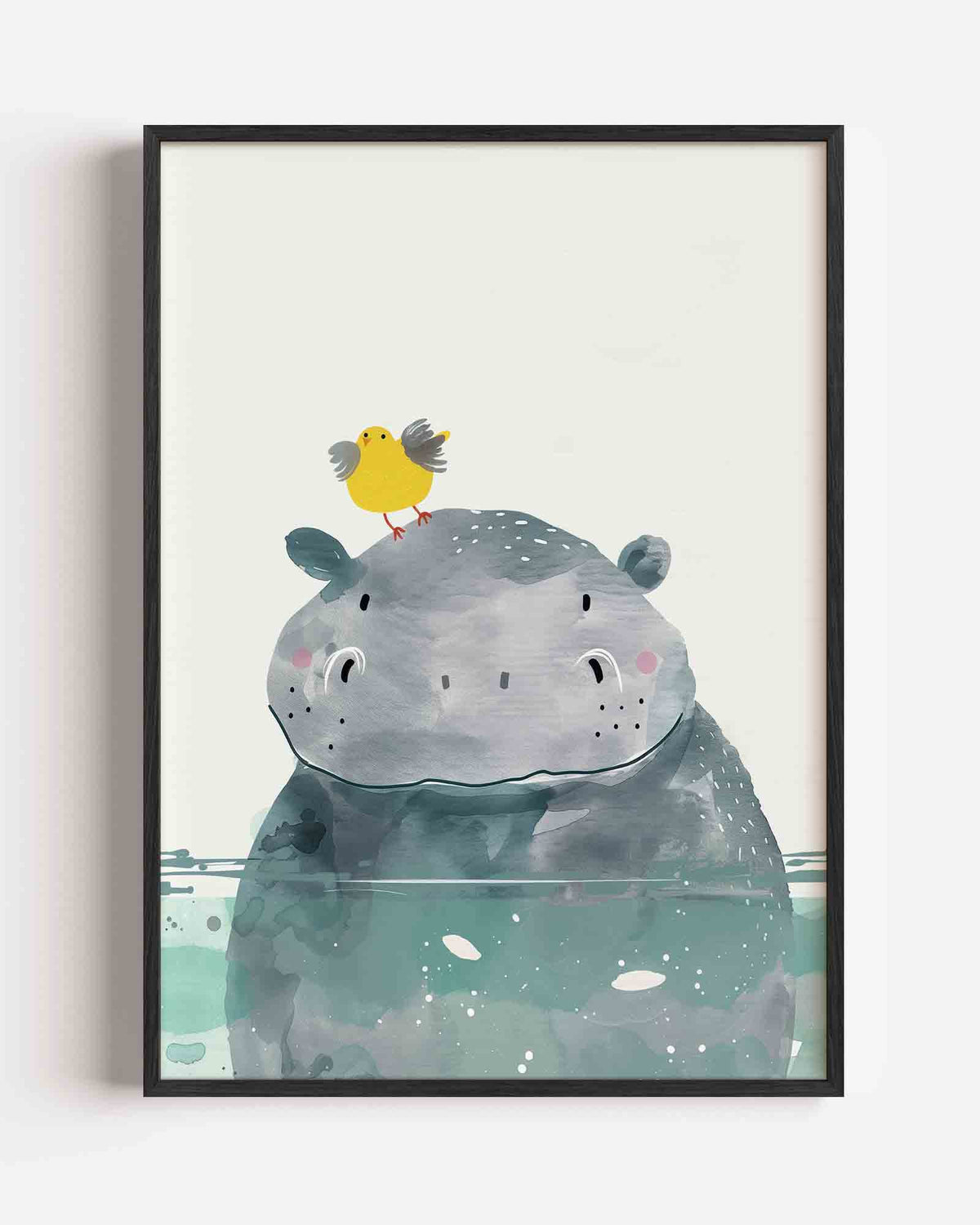 Nijlpaard met vogel – kids portret poster als wanddecoratie