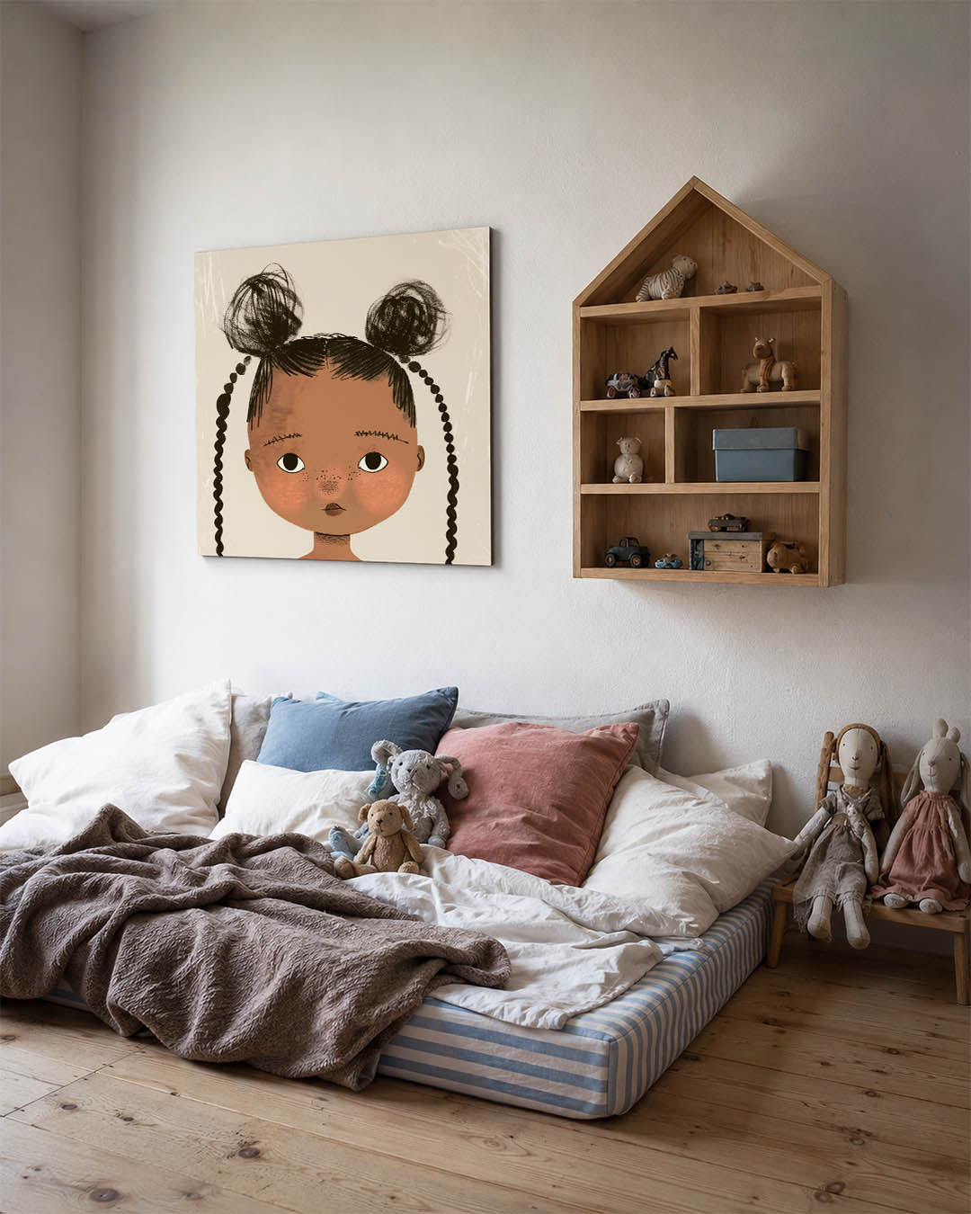 Kinderportret met vlechten kunstwerk – derde productweergave – dit werk toont een kind met expressieve ogen en speelse
