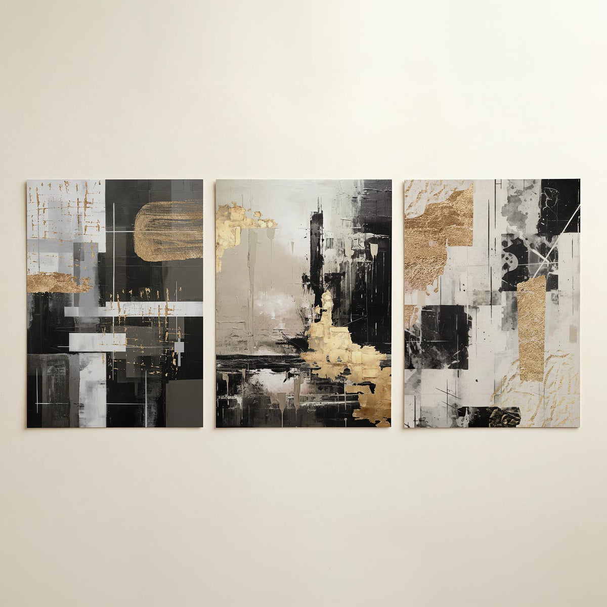 Gouden lijnenspel driedelige posterset in tweede interieur