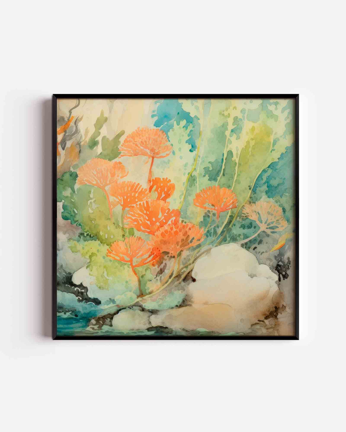 Oranje bloemen en groene bladeren – kleurrijke illustratie poster als wanddecoratie