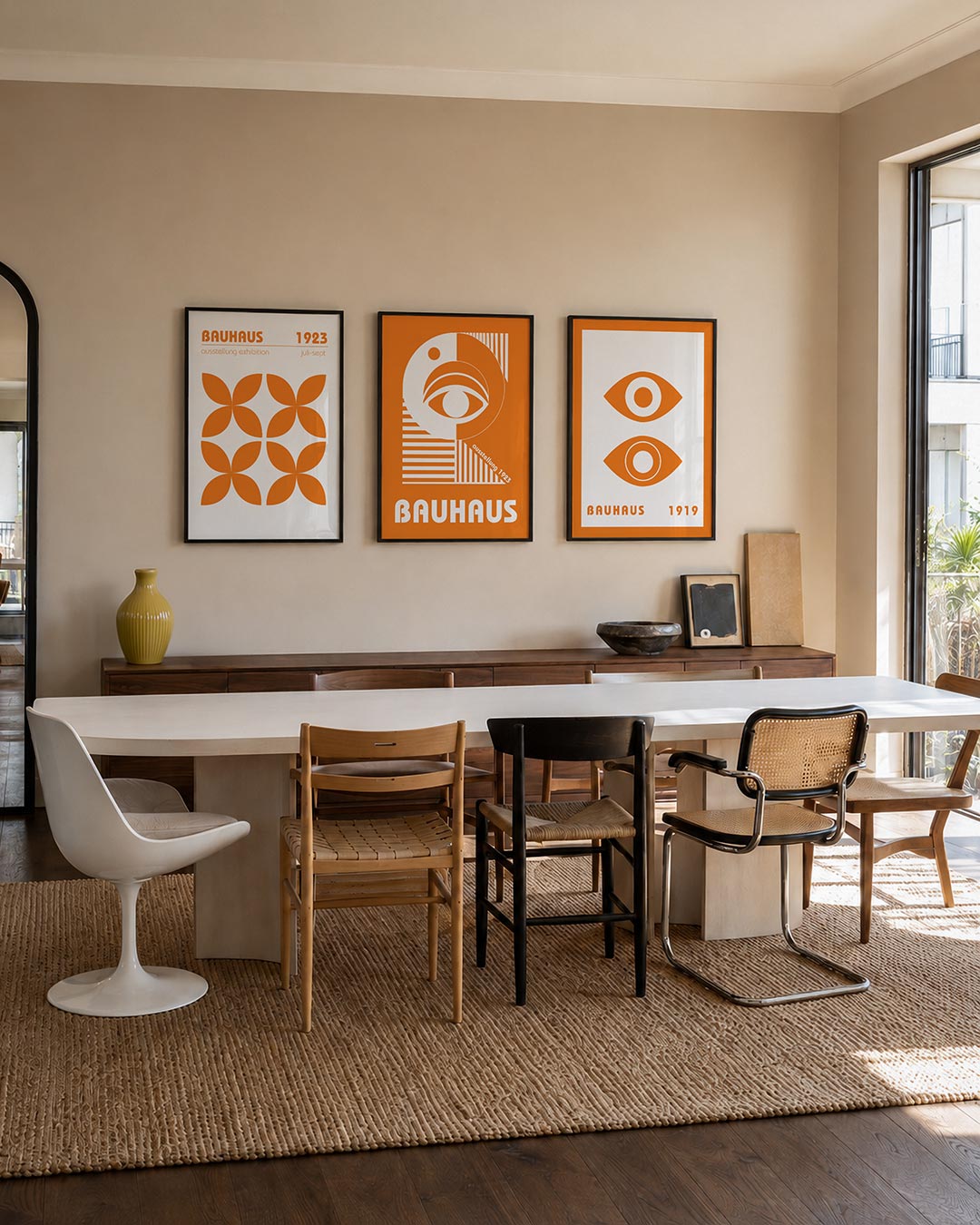 Oranje bloemvormen posterset – tweede productweergave – deze posterset in drie delen toont een ritmisch patroon van oranje