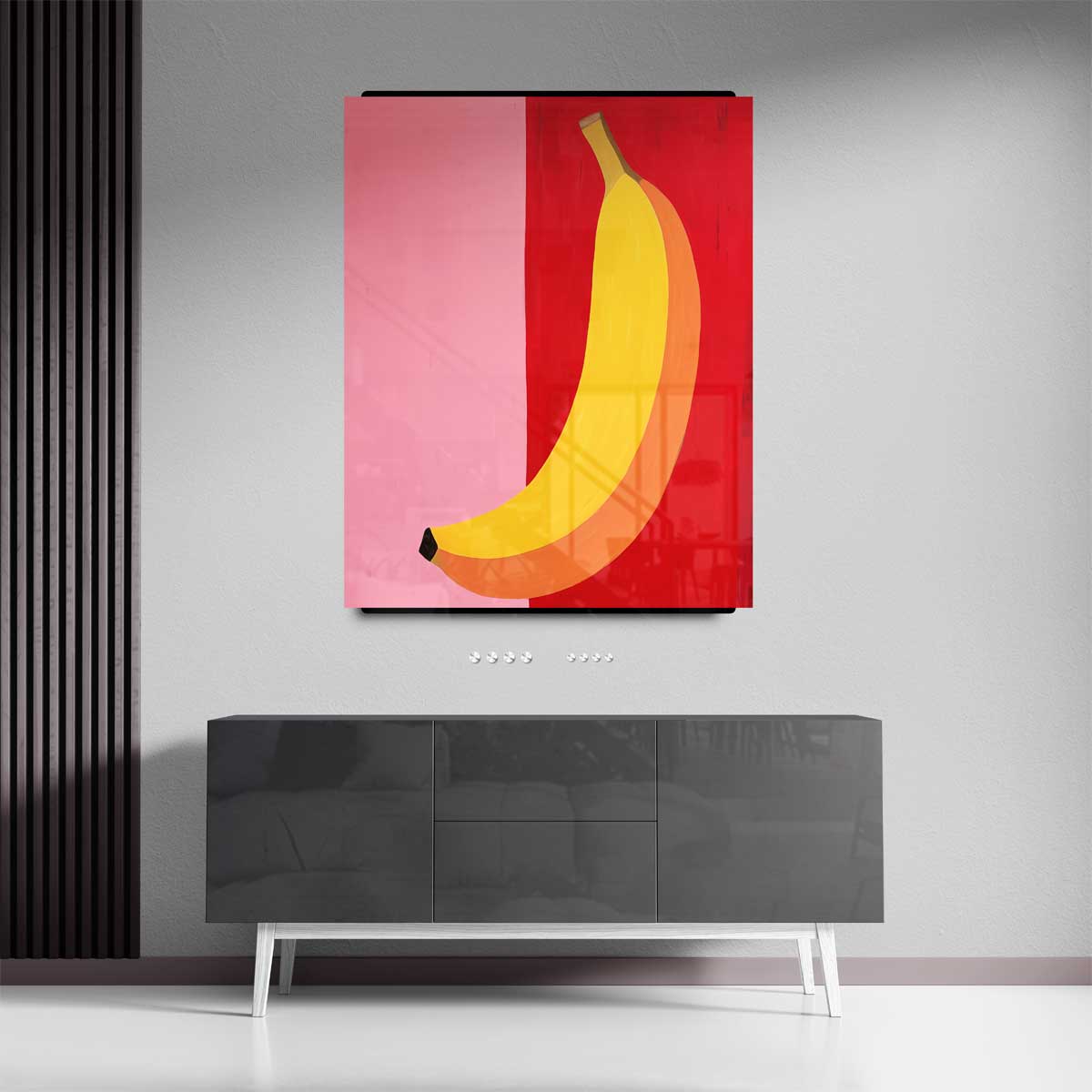 Kleurrijke Banaan op Roze en Rood – canvas kunstwerk als wanddecoratie