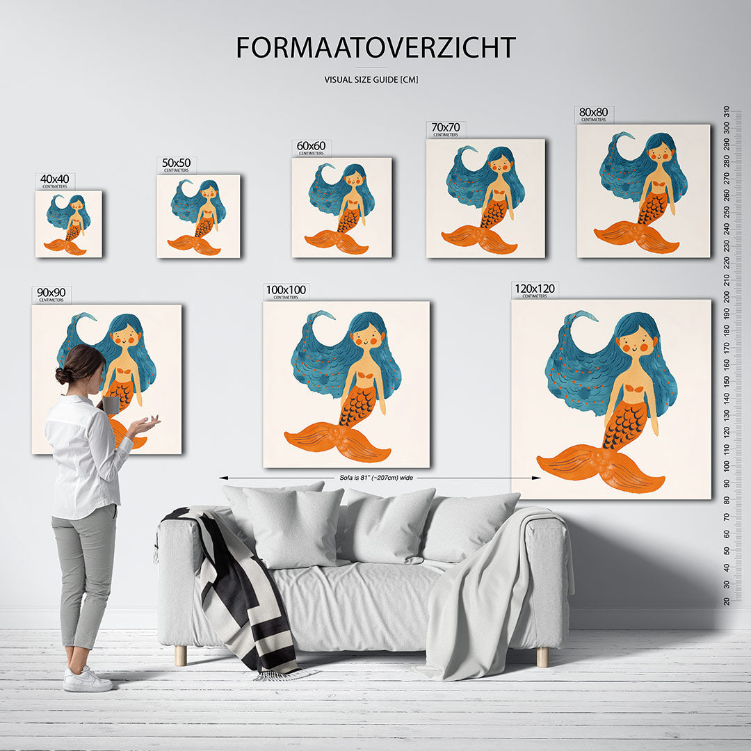 Vrolijke zeemeermin illustratie kunstwerk – sfeerbeeld – dit werk toont een speelse zeemeermin met blauwe haren en een oranje