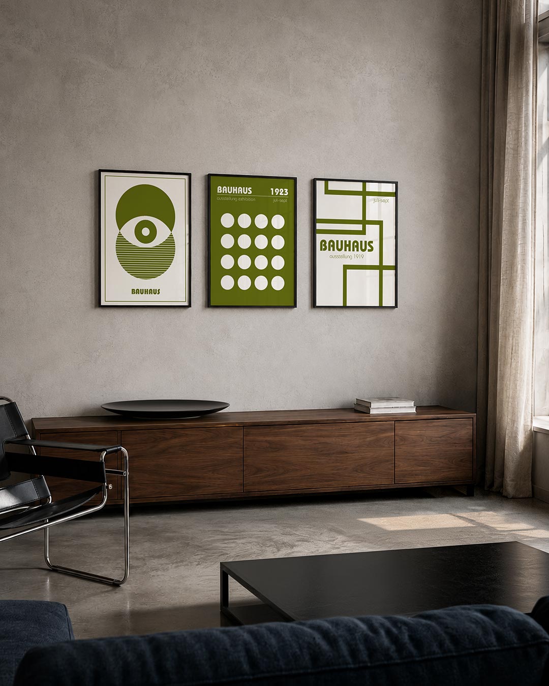 Cirkel en strepen posterset – tweede productweergave – deze posterset in drie delen toont een spel van cirkels en lijnen in