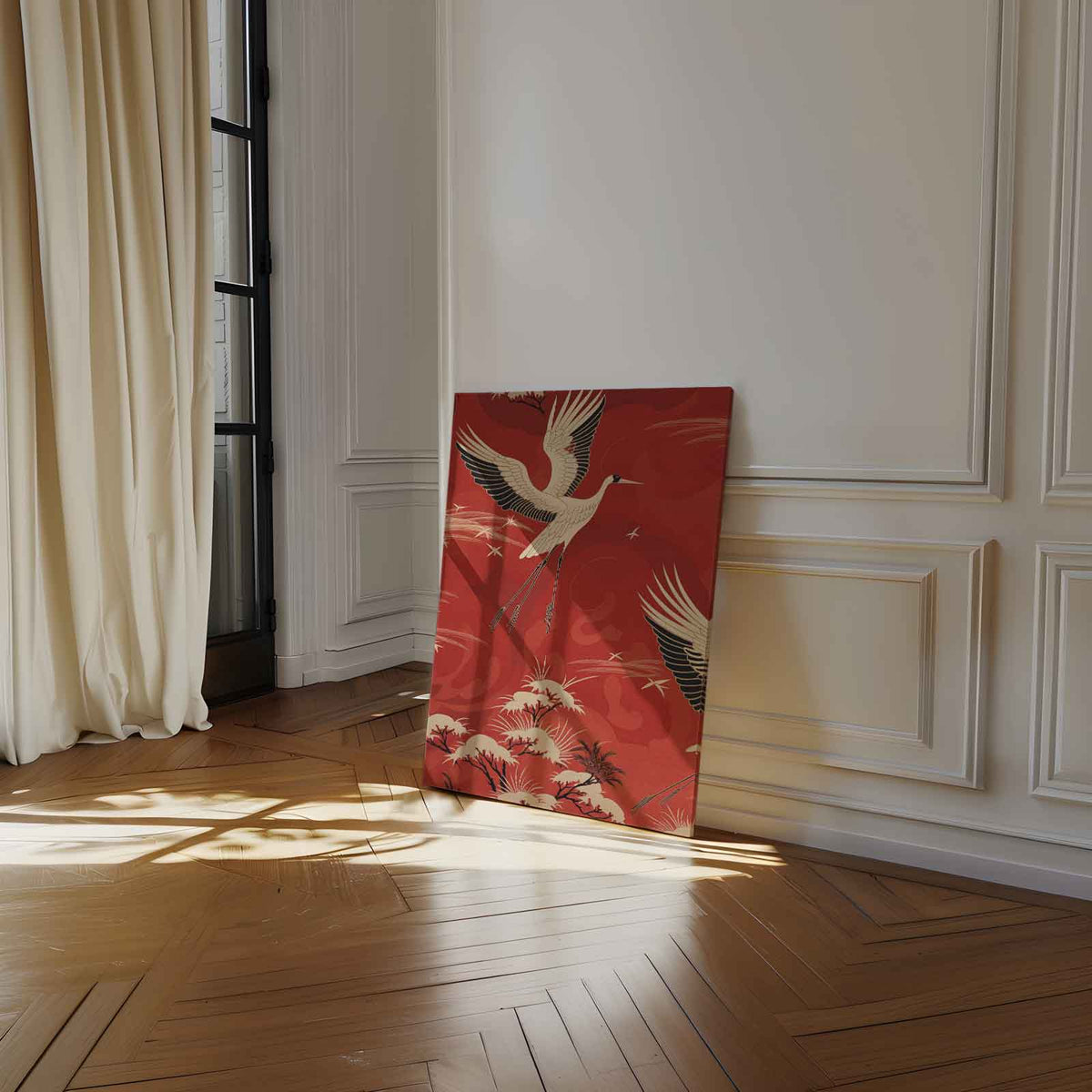 Vliegende Kraanvogels in het Rood – staand kunstwerk voor modern interieur