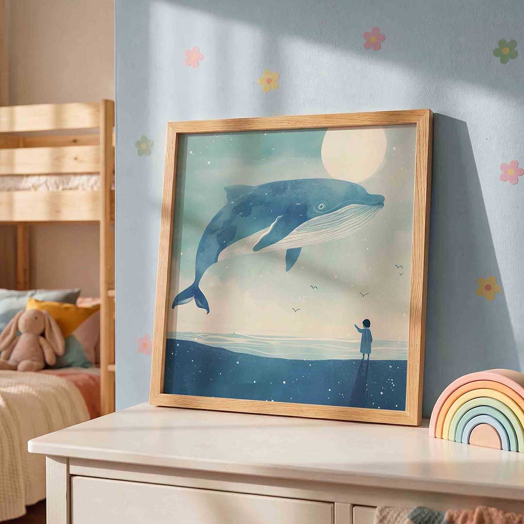 Walvis en kind – speelse wandkunst als vierkante kinderposter